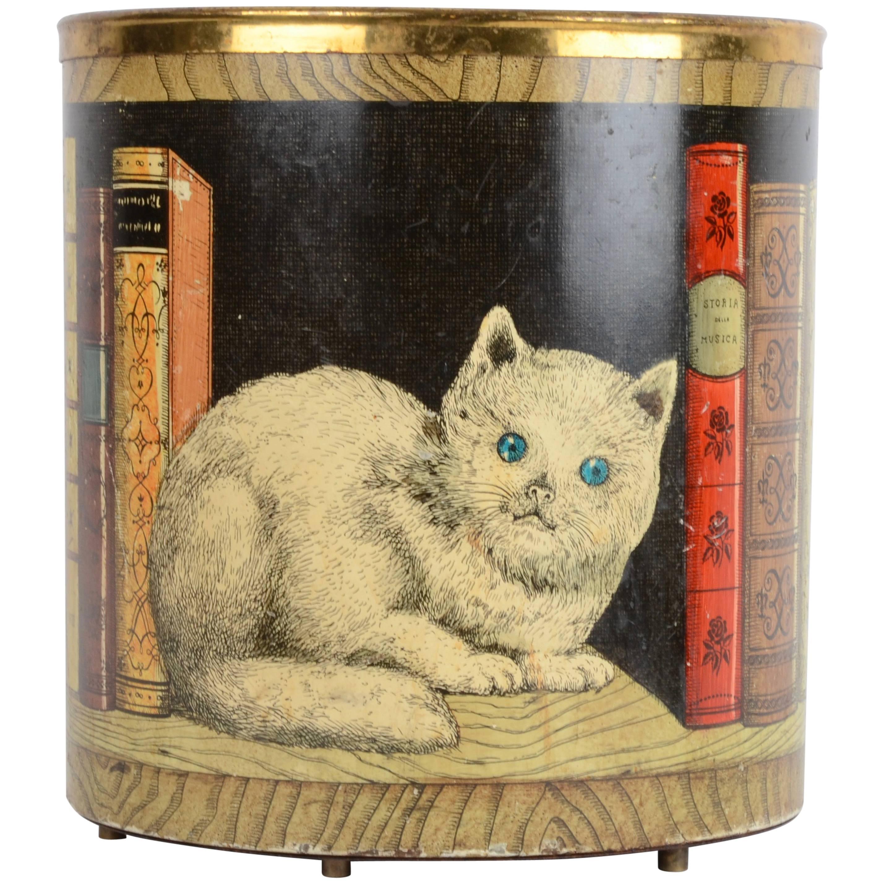 Piero Fornasetti, Waste Paper Bin, Motif of Cat, Mid-1900s