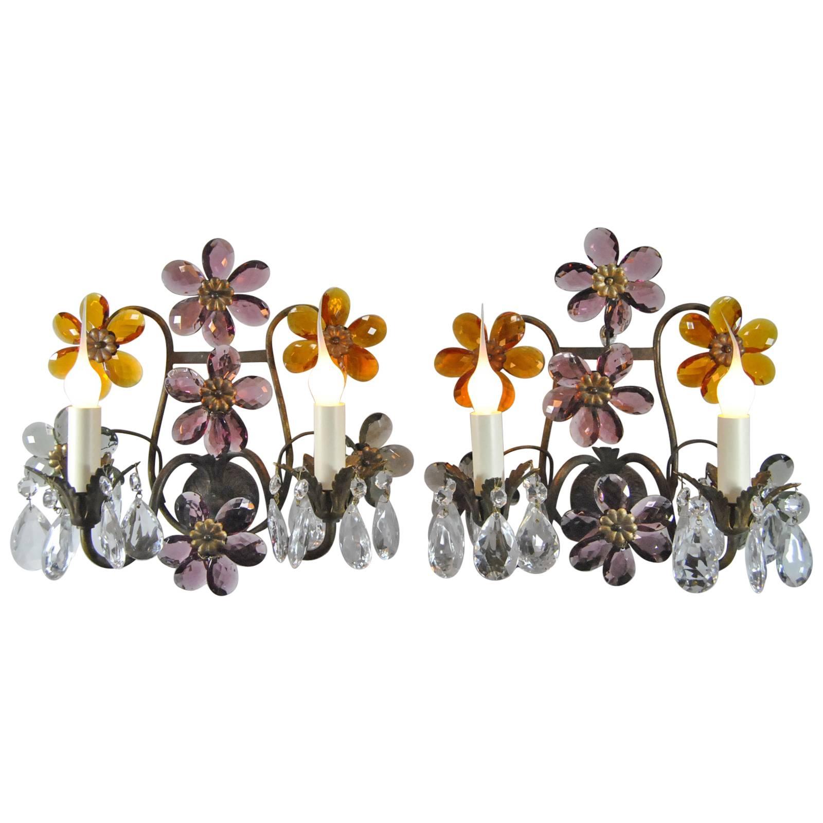 Antique French Bronze Wall Sconces, Pair with Cut Crystal Floral Design Details