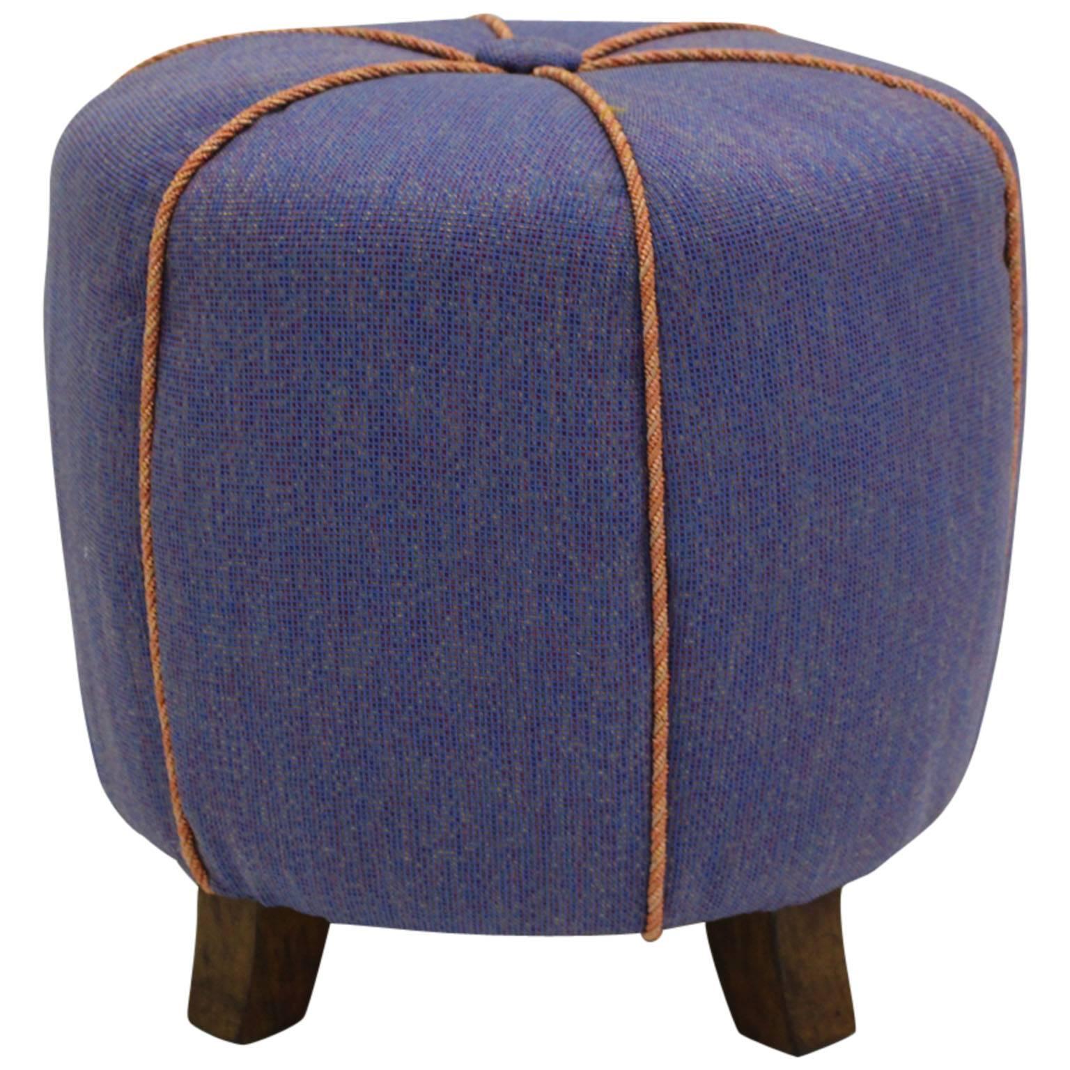 Art Deco Vintage Beech Blue Fabric Pouf Stool Austria 1930s