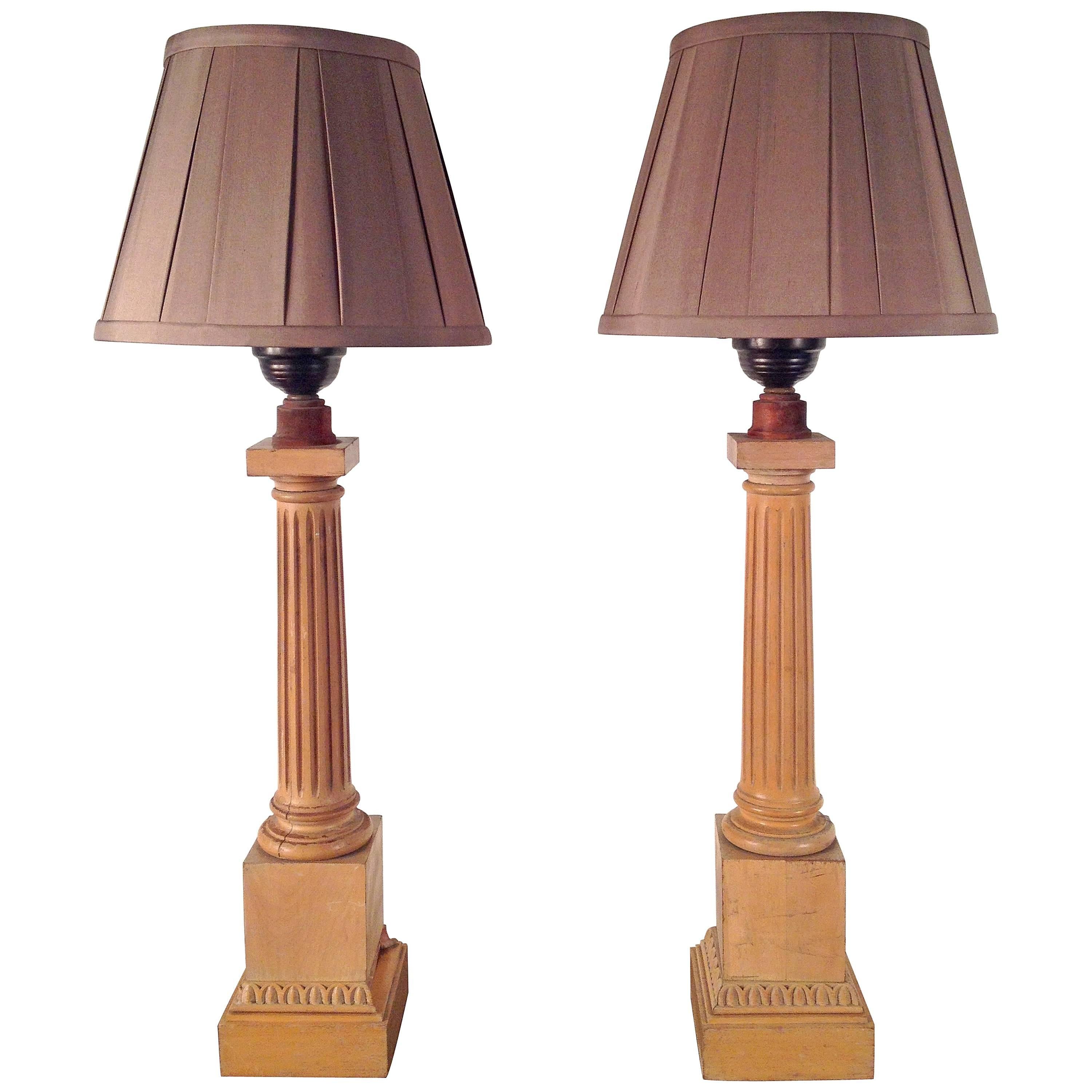 Pair of 1920s Wood Fluted Column Lamps For Sale