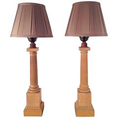Pair of 1920s Wood Fluted Column Lamps