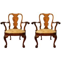Pair of Antique 19th Century Walnut Queen Anne Armchairs