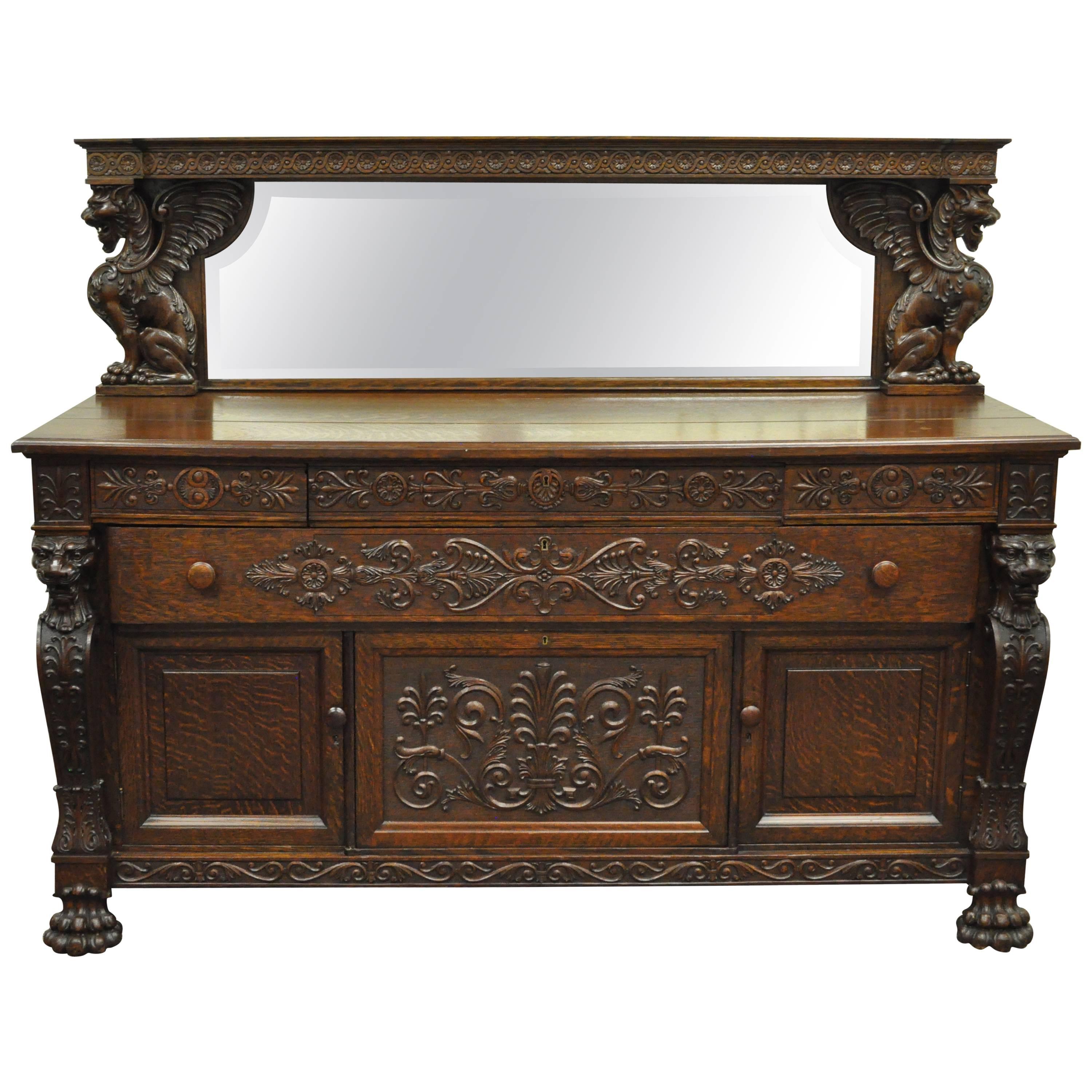 Victorian Oak Buffet Sideboard and Mirror with Lions and Griffins attr. Horner