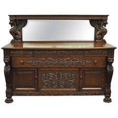 Antique Victorian Oak Buffet Sideboard and Mirror with Lions and Griffins attr. Horner