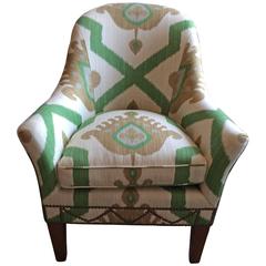 Striking Vintage Ikat Upholstered Club Chair and Crescent Shaped Ottoman