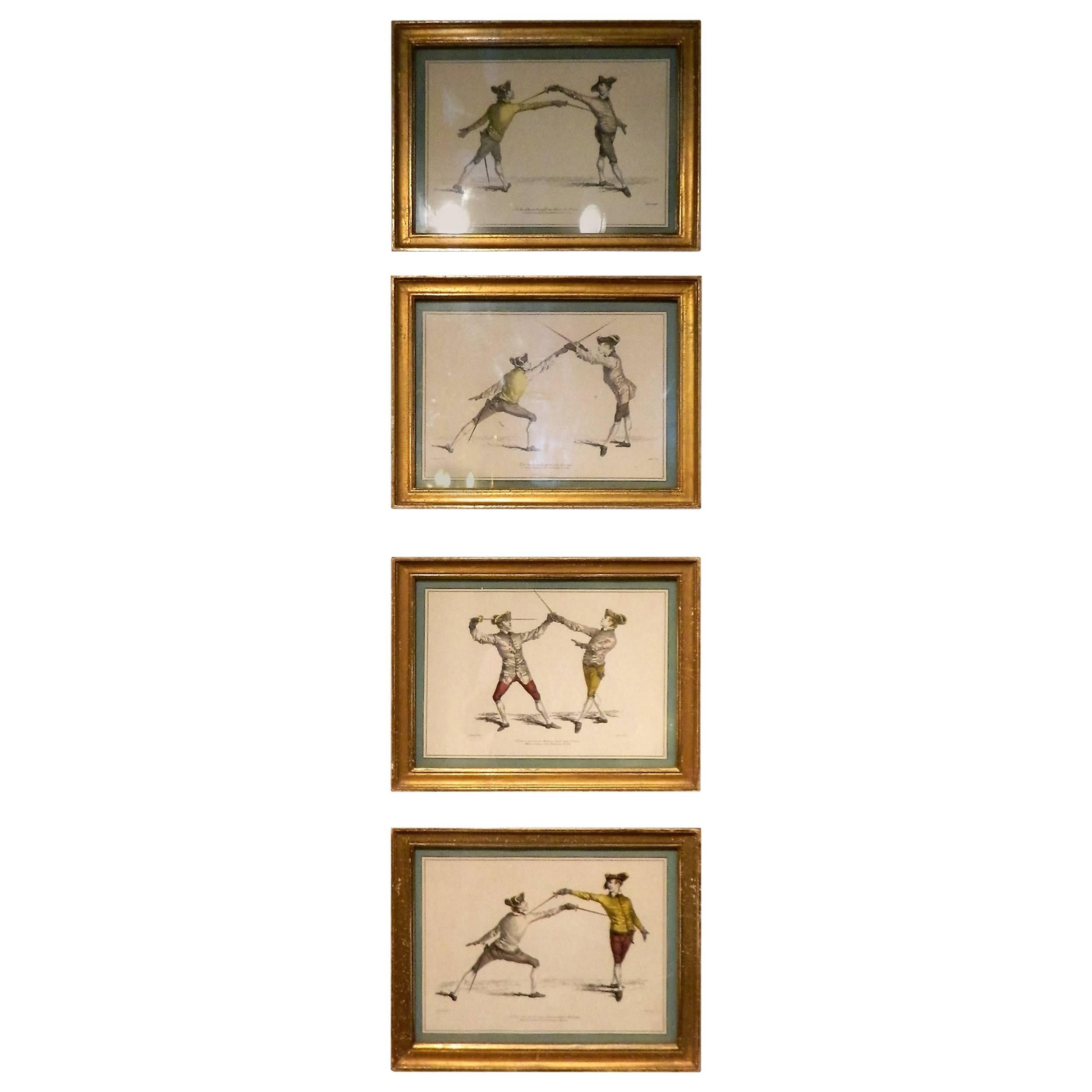 Set of Four Gilded Framed French Prints of Soldiers Fencing, circa 1763