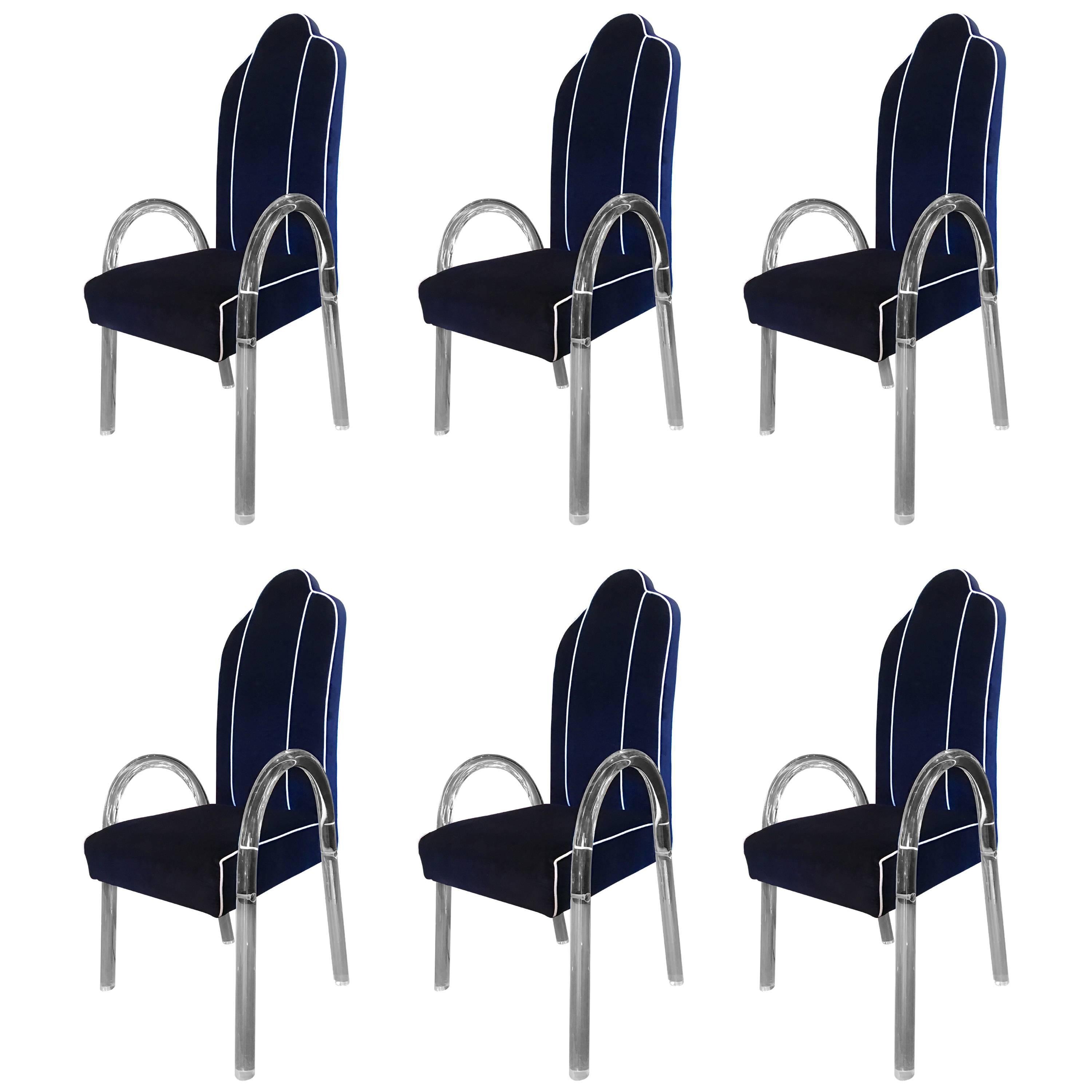 Set of Six Charles Hollis Jones Lucite Waterfall Arm Dining Chairs For Sale