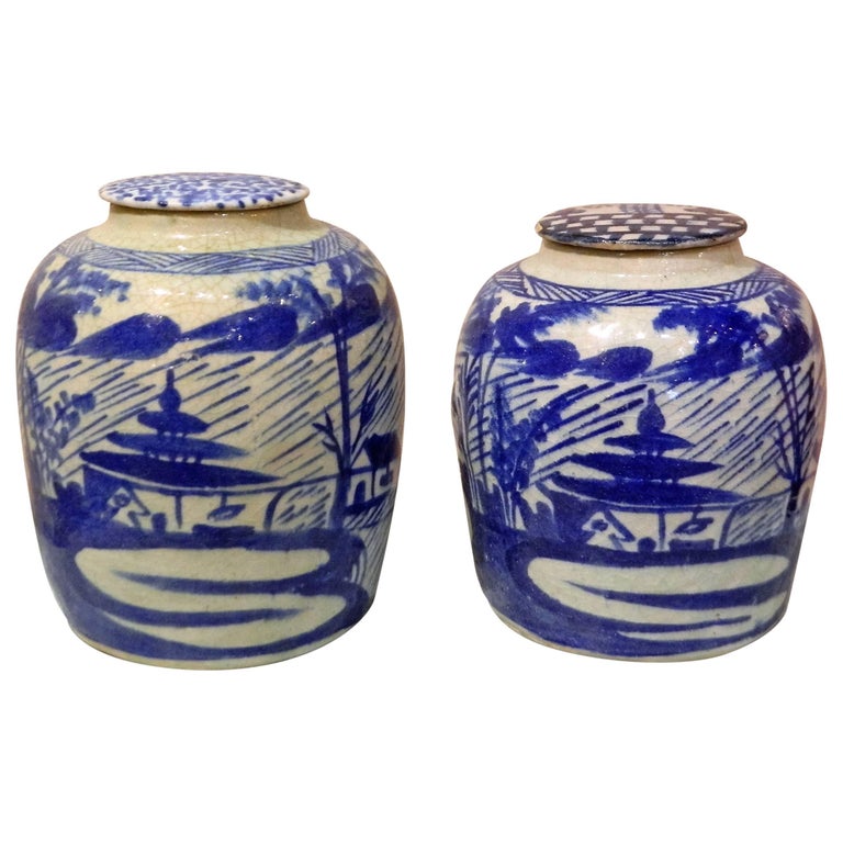 Pair of Blue and White Chinese Ginger Jar with Lids, 20th Century For Sale