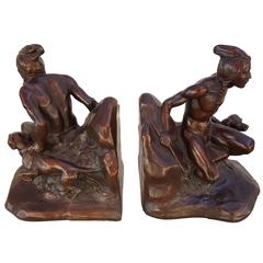1930s Figural Bronzed Bookends of American Indian Brave