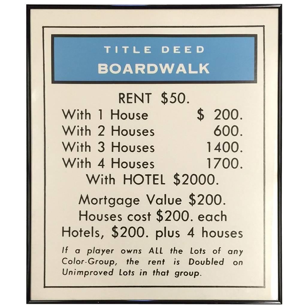 Vintage Monopoly Boardwalk Title Deed Lithograph
