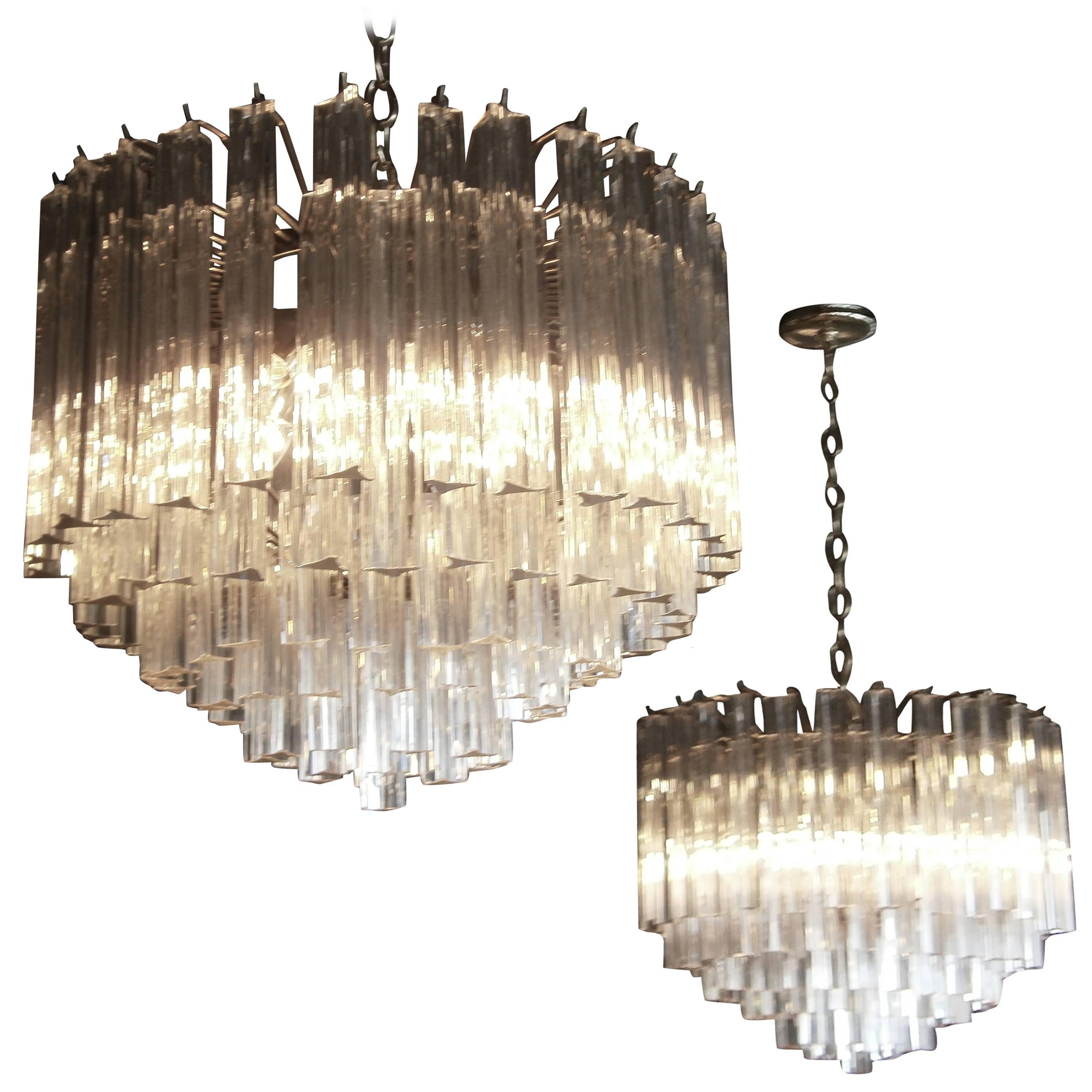 A Matching Pair of Vintage 1970's Murano Glass Trilobi Chandeliers by Venini  For Sale