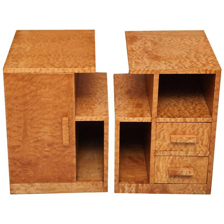 Pair of Burled Maple Nightstands, Probably Sir Edmond Spence For Sale