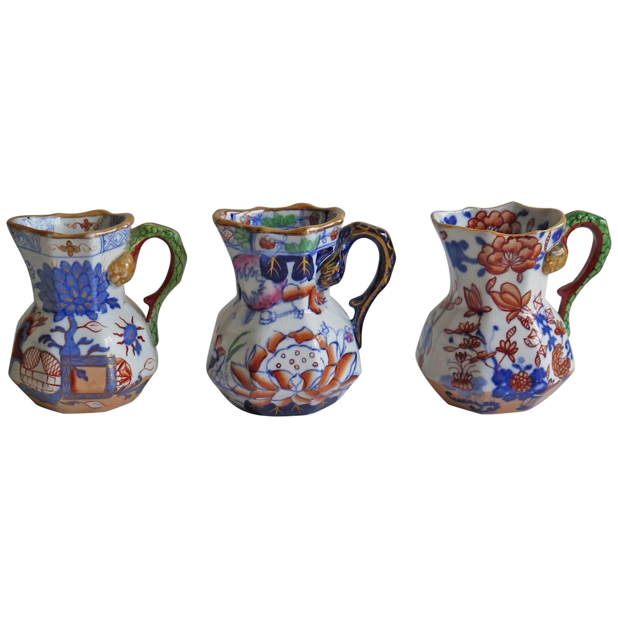 Mason's Ironstone Harlequin Set of THREE Small Jugs or Pitchers, Mid 19th C.