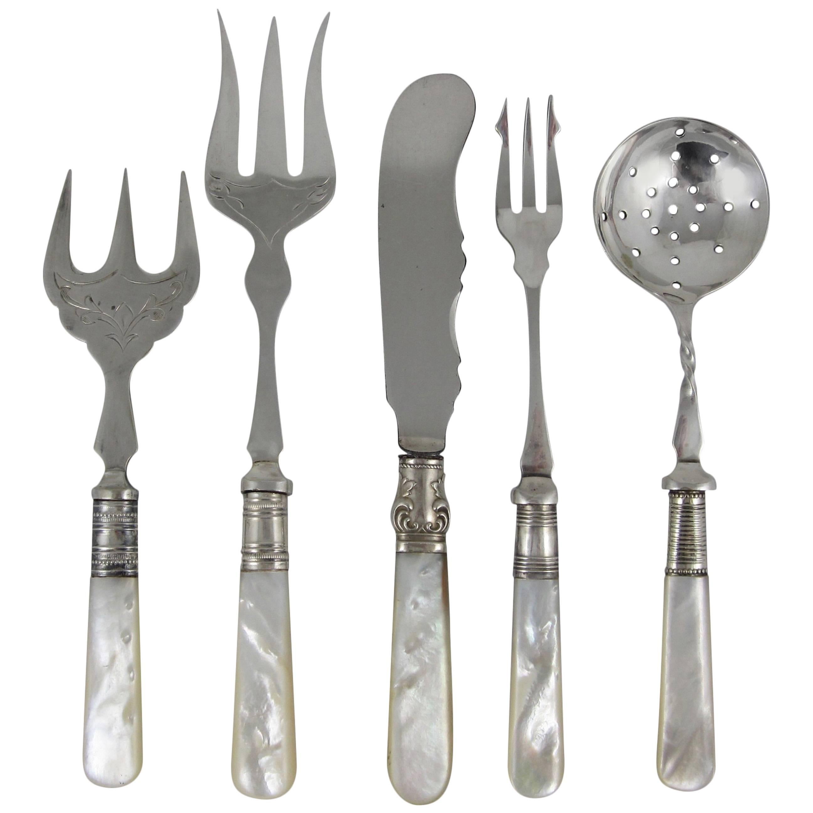 Assorted English Mother-of-Pearl Handled Sterling Silver and Epns Servers