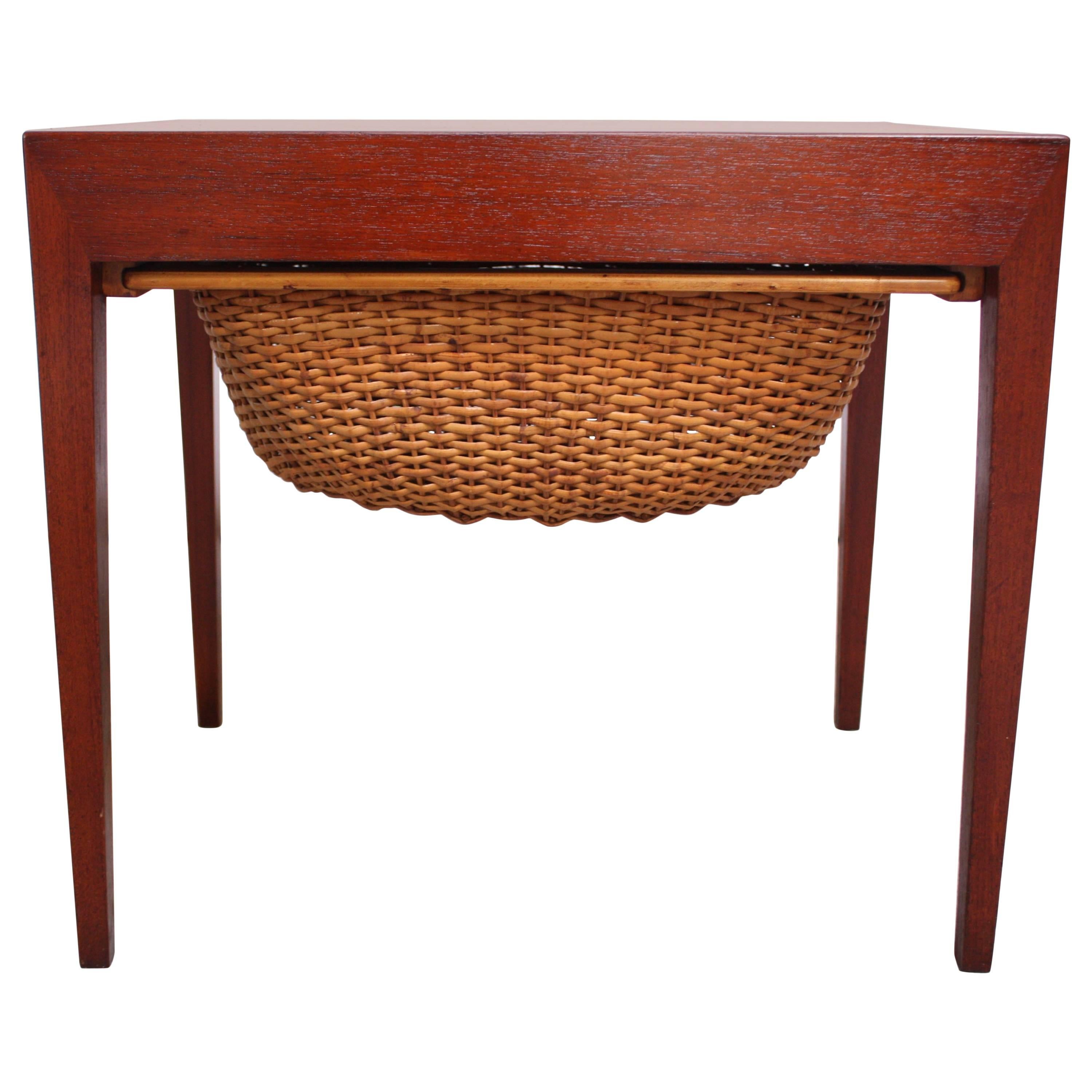 Teak and Rattan Sewing Table by Severin Hansen Jr. for Haslev Mobelsnedkeri