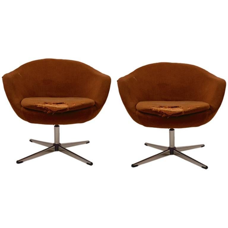 Pair of Swedish Overman Swivel Pod Chairs, Need Reupholstery