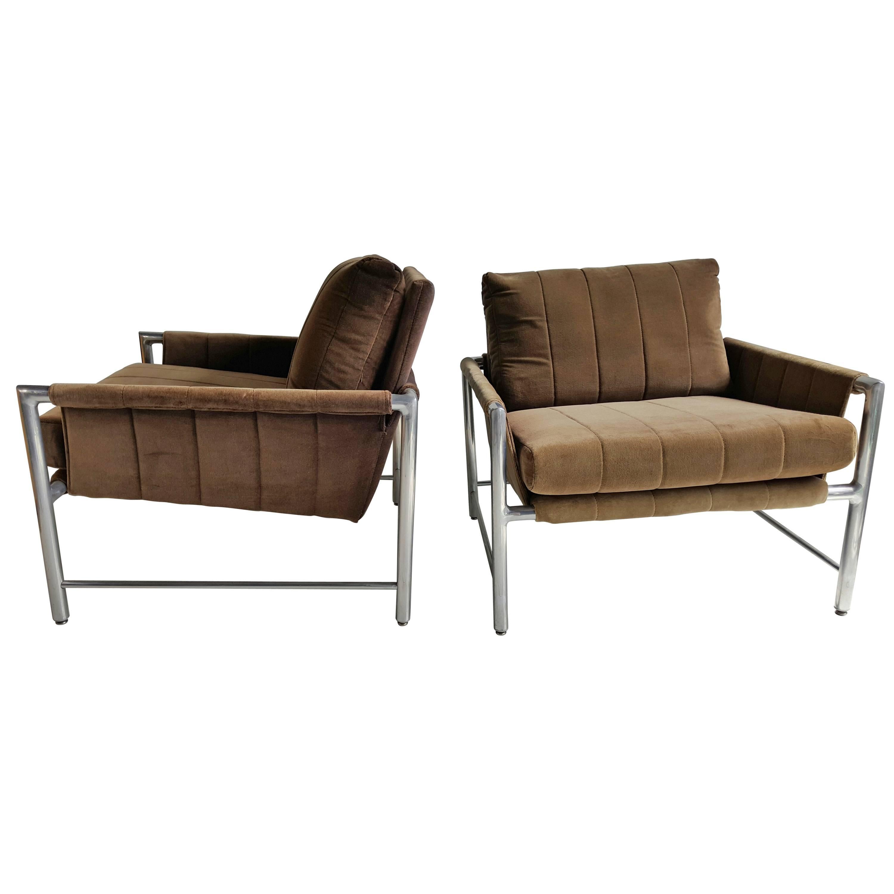 Fabulous matched pair of extruded aluminum and velvet slung lounge chairs manufactured by Founders, Classic elegance, extremely comfortable, amazing quality, flawless welds, joints, original chocolate brown velvet fabric, a bit sun-faded to a