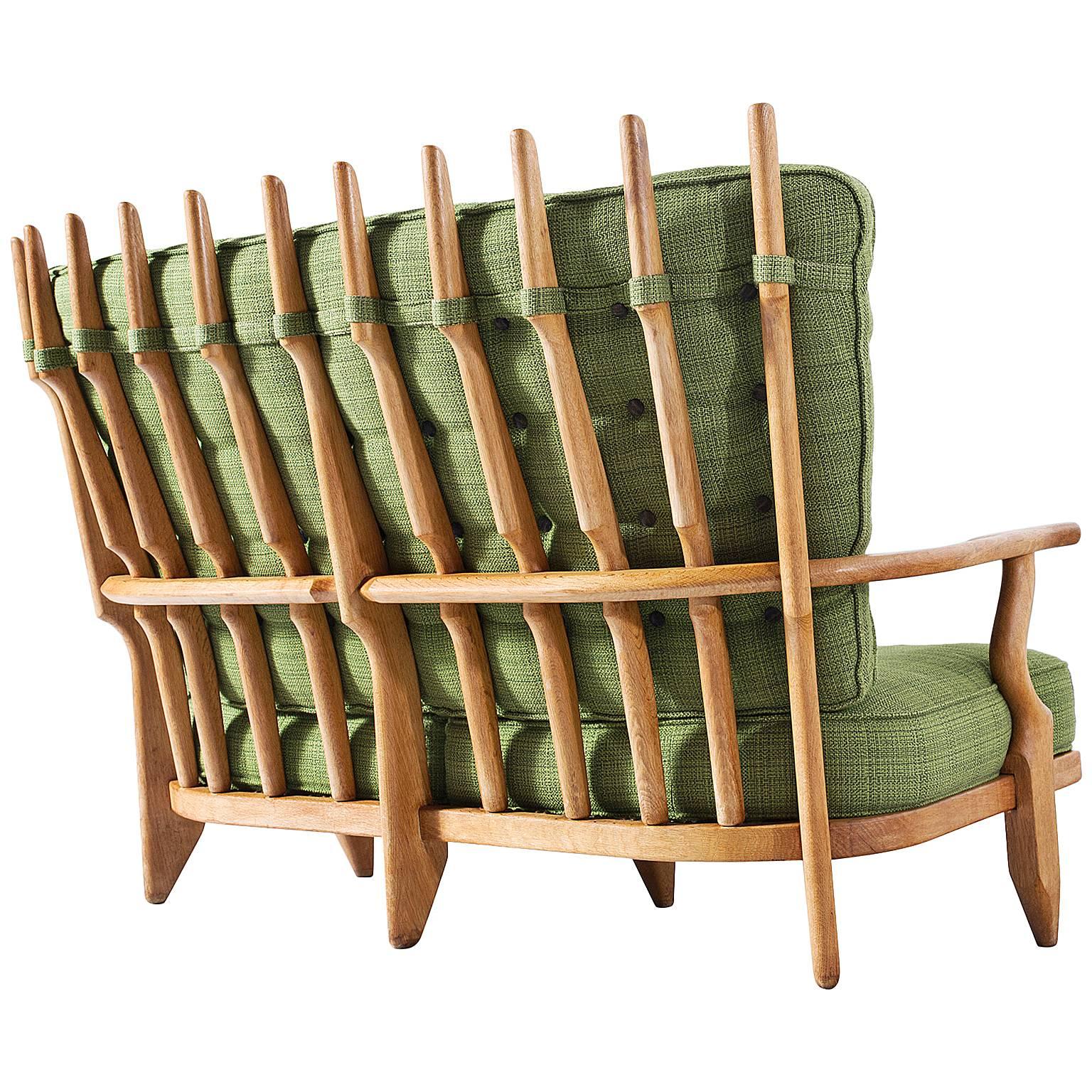 Guillerme et Chambron Solid Oak Sofa with Green Fabric Upholstery