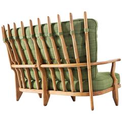 Used Guillerme et Chambron Solid Oak Sofa with Green Fabric Upholstery