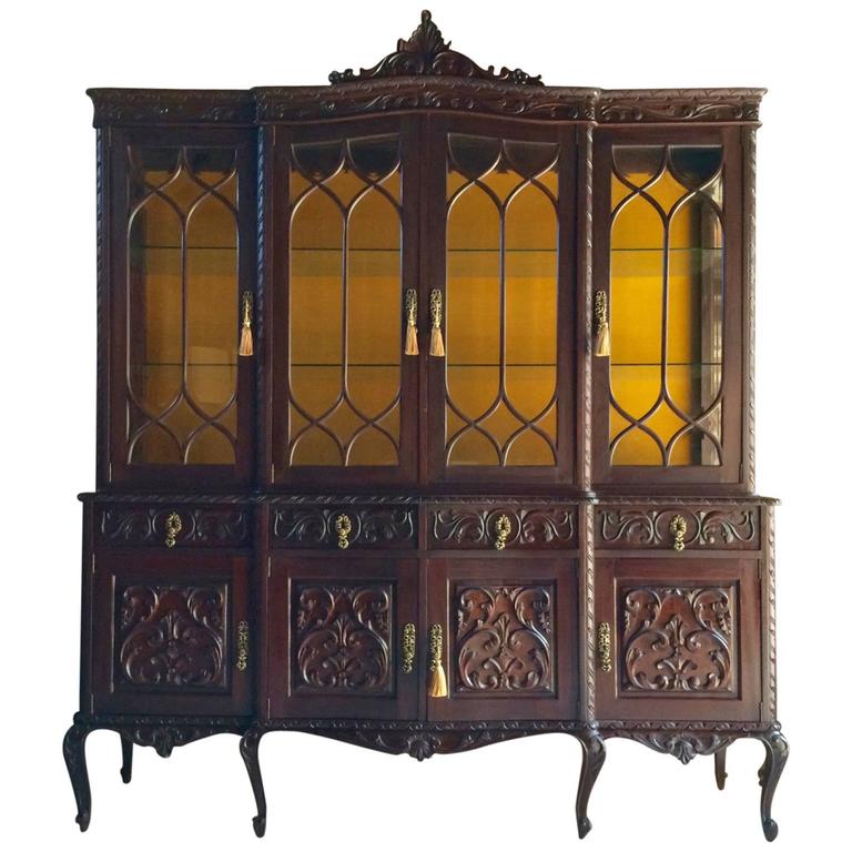 Antique Style Display Cabinet Breakfront Bookcase Spanish Antique Style Display Cabinet Breakfront Bookcase Spanish Carved For