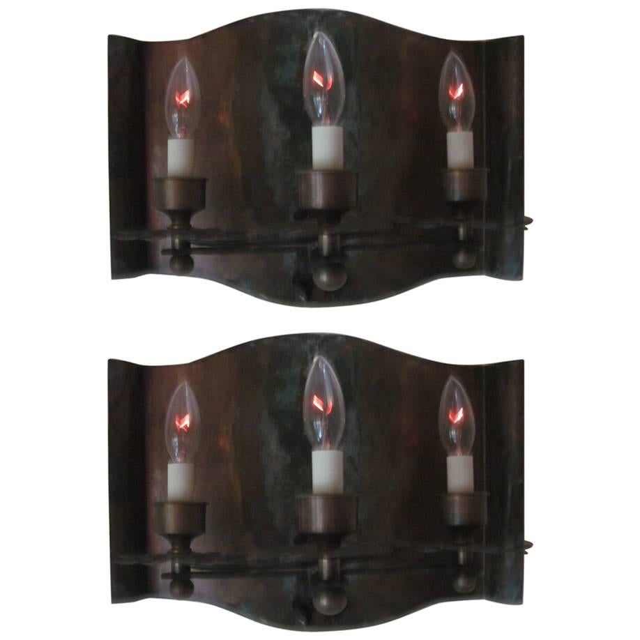 Pair of French Mid-Century Modern Copper & Iron Sconces, Gilbert Poillerat, 1940 For Sale