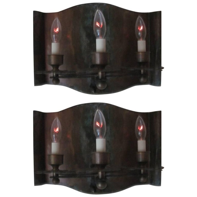 Pair of French Mid-Century Modern Copper & Iron Sconces, Gilbert Poillerat, 1940