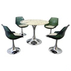 Chromed Tulip Dining Set with Green Marble Plate and Seat Shells, France, 1970s