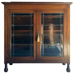 Antique 1920s Oak Leaded Two-Door Bookcase Display Cabinet