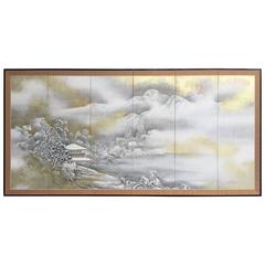 Antique Japan Mountain Country Home Six-Panel Silk Screen, Hasegawa Gyokujun, Fine