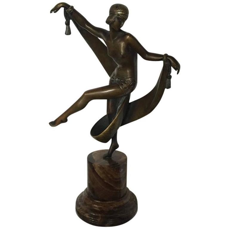 Original Art Deco Nude Scarf Dancer Bronze Signed Fanny Rozet Circa
