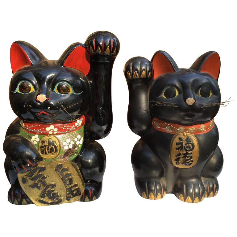 Black Cats Pair of Antique Japanese "Good Fortune Money Cats" at 1stDibs