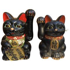 Black Cats Pair of Antique Japanese "Good Fortune Money Cats"