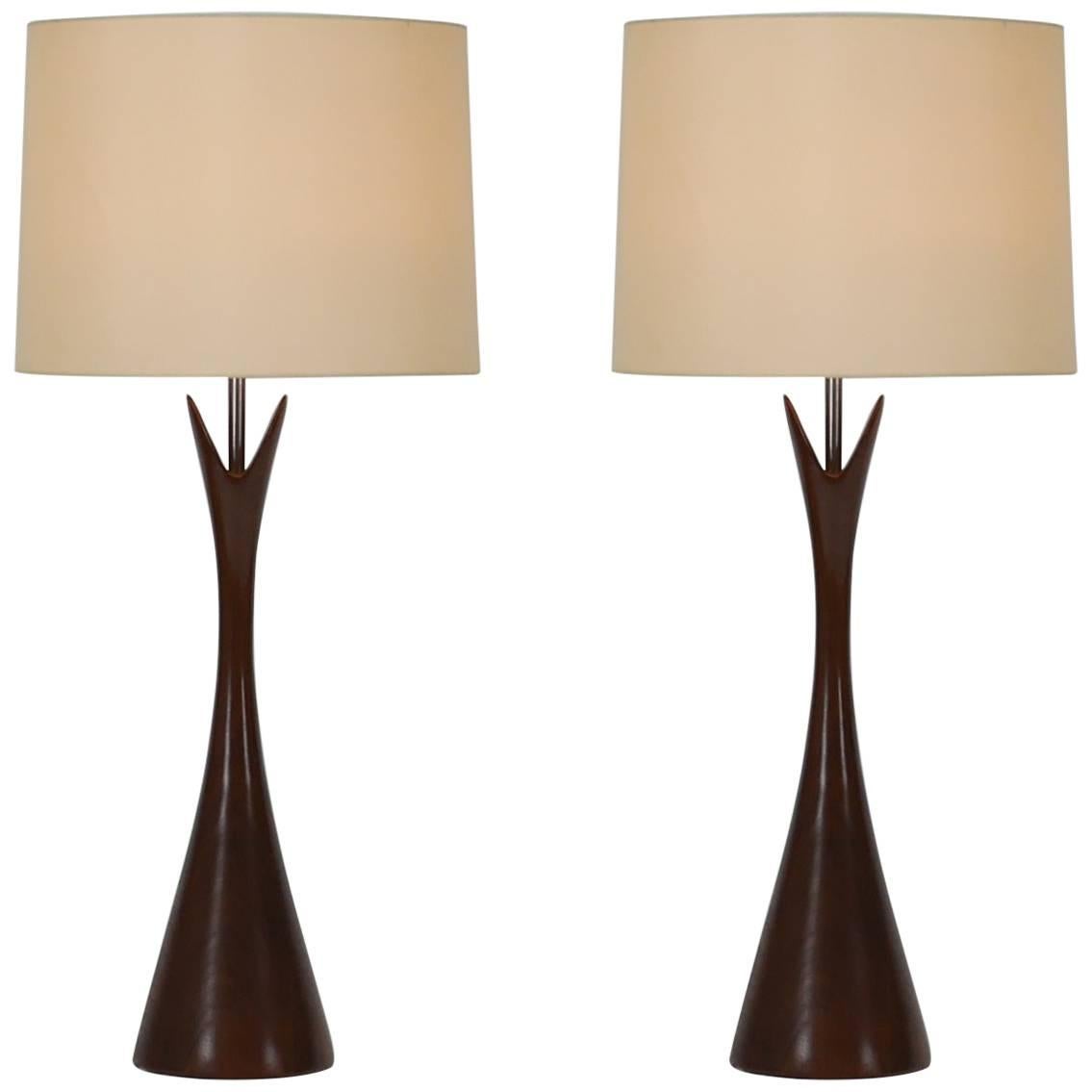 Pair of Large Turned Walnut Hourglass Form Lamps by Laurel