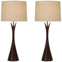 Pair of Large Turned Walnut Hourglass Form Lamps by Laurel