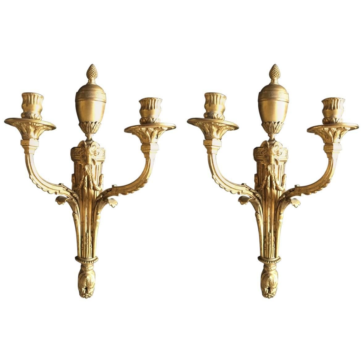 Pair of Dore Bronze "Ram's Head" Candelabra Sconces