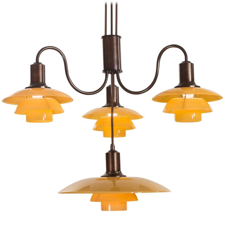 Poul Henningsen, Rare Danish 4 Light Adjustable Painted Glass Chandelier 1