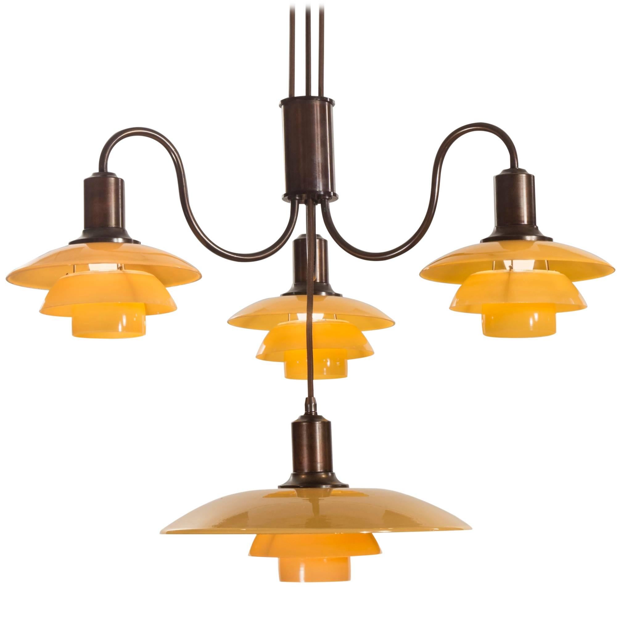 Poul Henningsen, Rare Danish 4 Light Adjustable Painted Glass Chandelier im Angebot