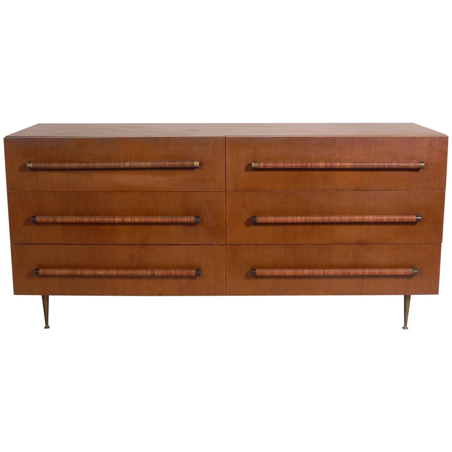 Elegant Modern Chest with Reed Wrapped Handles by T.H. Robsjohn Gibbings