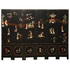 Vintage Six-Panel Chinese Lacquered Hardstone Screen