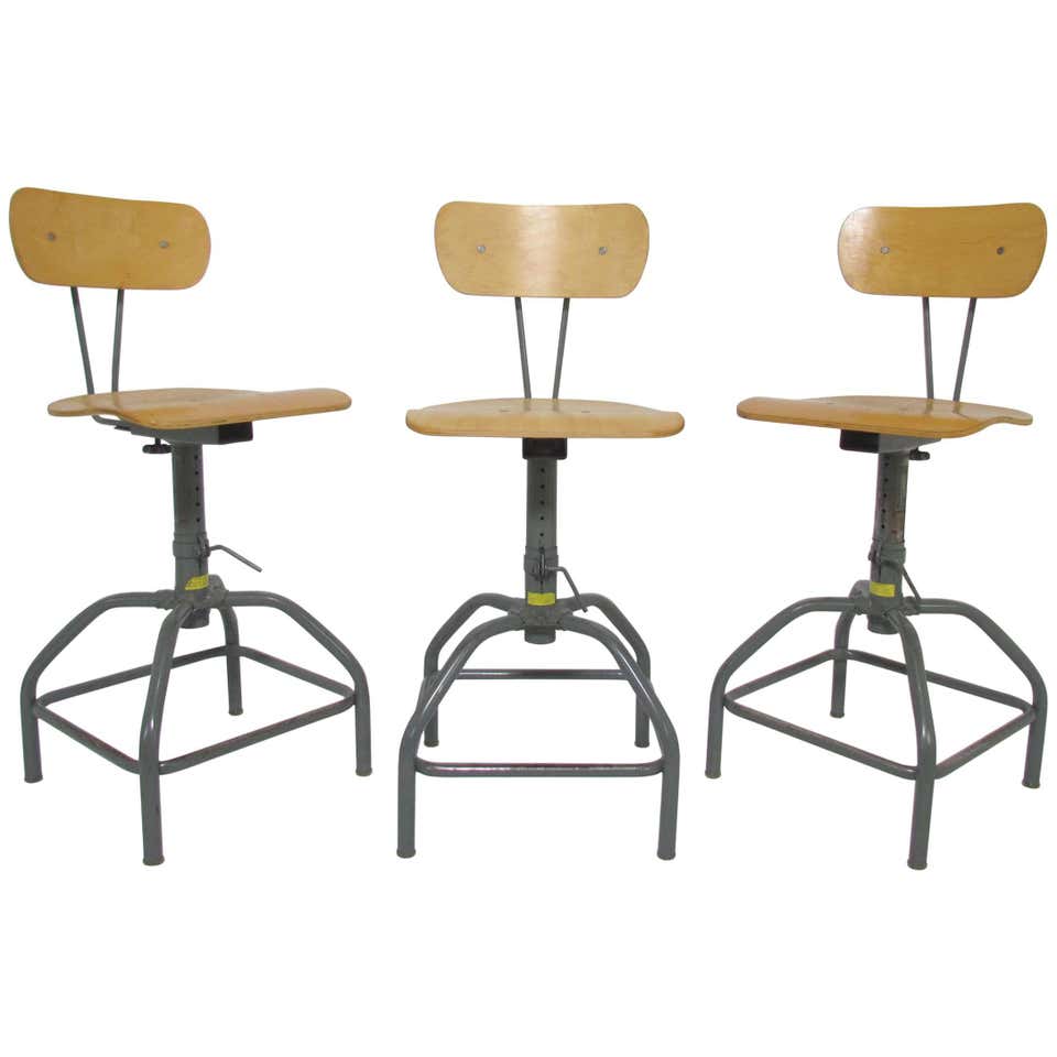 Set of Three Industrial Adjustable Height Laboratory (Bar) Stools ...