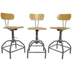Set of Three Industrial Adjustable Height Laboratory (Bar) Stools, circa 1970s