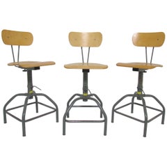 Set of Three Industrial Adjustable Height Laboratory (Bar) Stools, circa 1970s