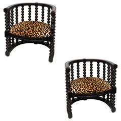 Pair of Ebony Spindle Back Barrel Chairs in Faux Leopard