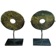 Pair of 19th Century Hand-carved Chinese Bowanite Jade Bi Discs on Custom-Made