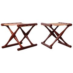 Pair of Teak and Leather Folding Stools by Poul Hundevad