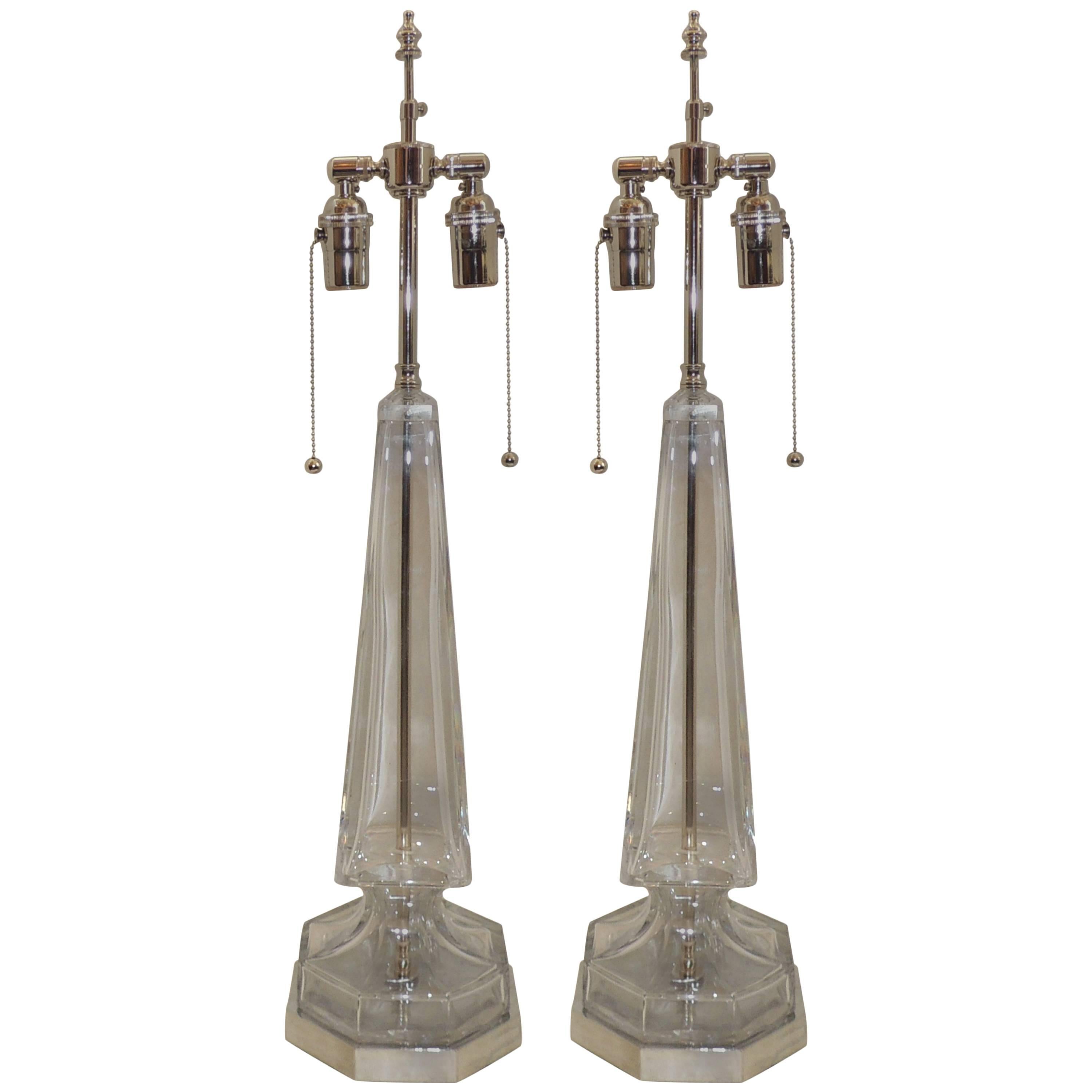 Elegant Modern Transitional Pair Nickel Glass Bagues Column Chrome Jansen Lamps