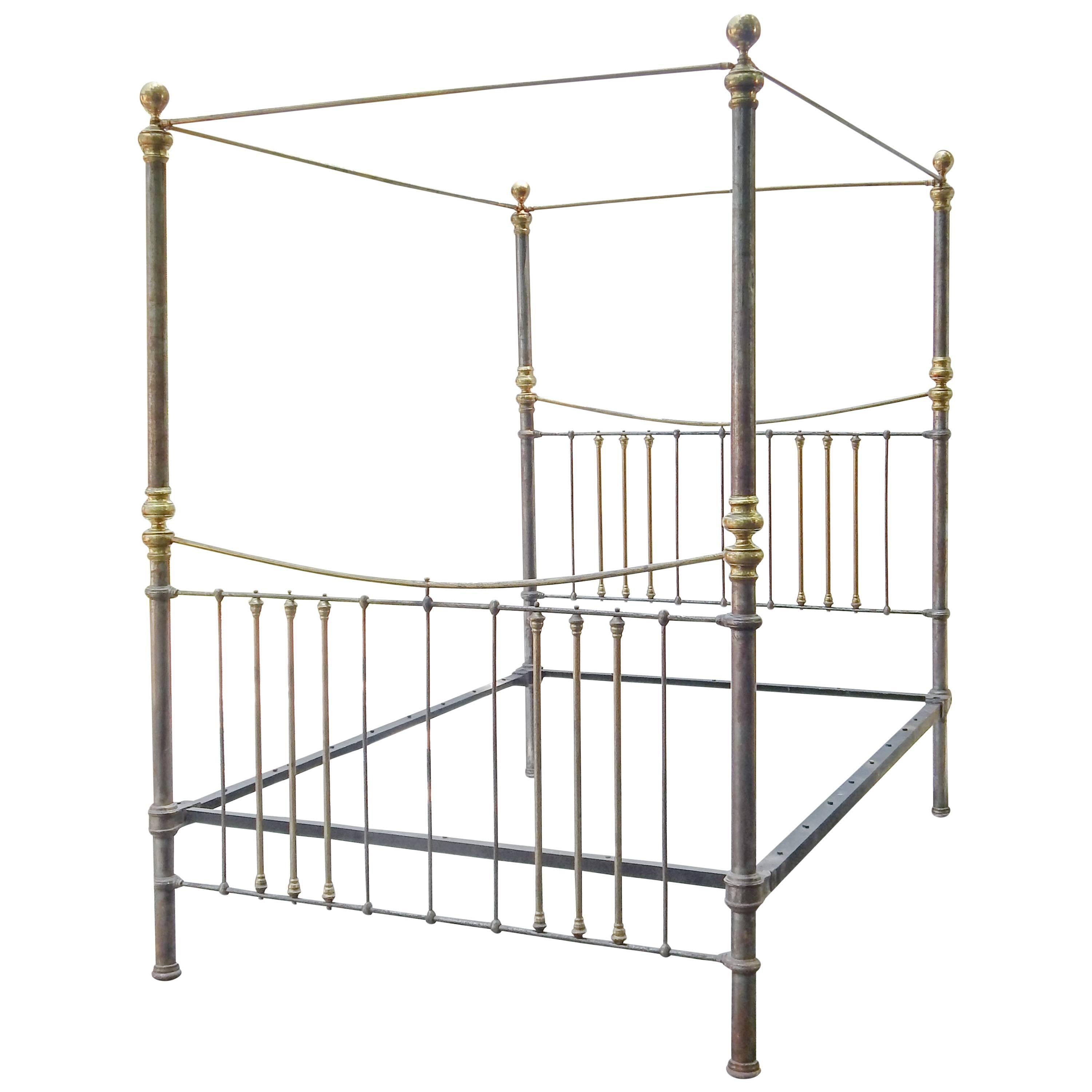 Rare Iron and Brass Queen Canopy Bed For Sale