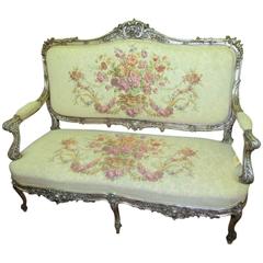Antique Old French Louis XV Style Settee or Sofa with Carved Silver Gilt Frame