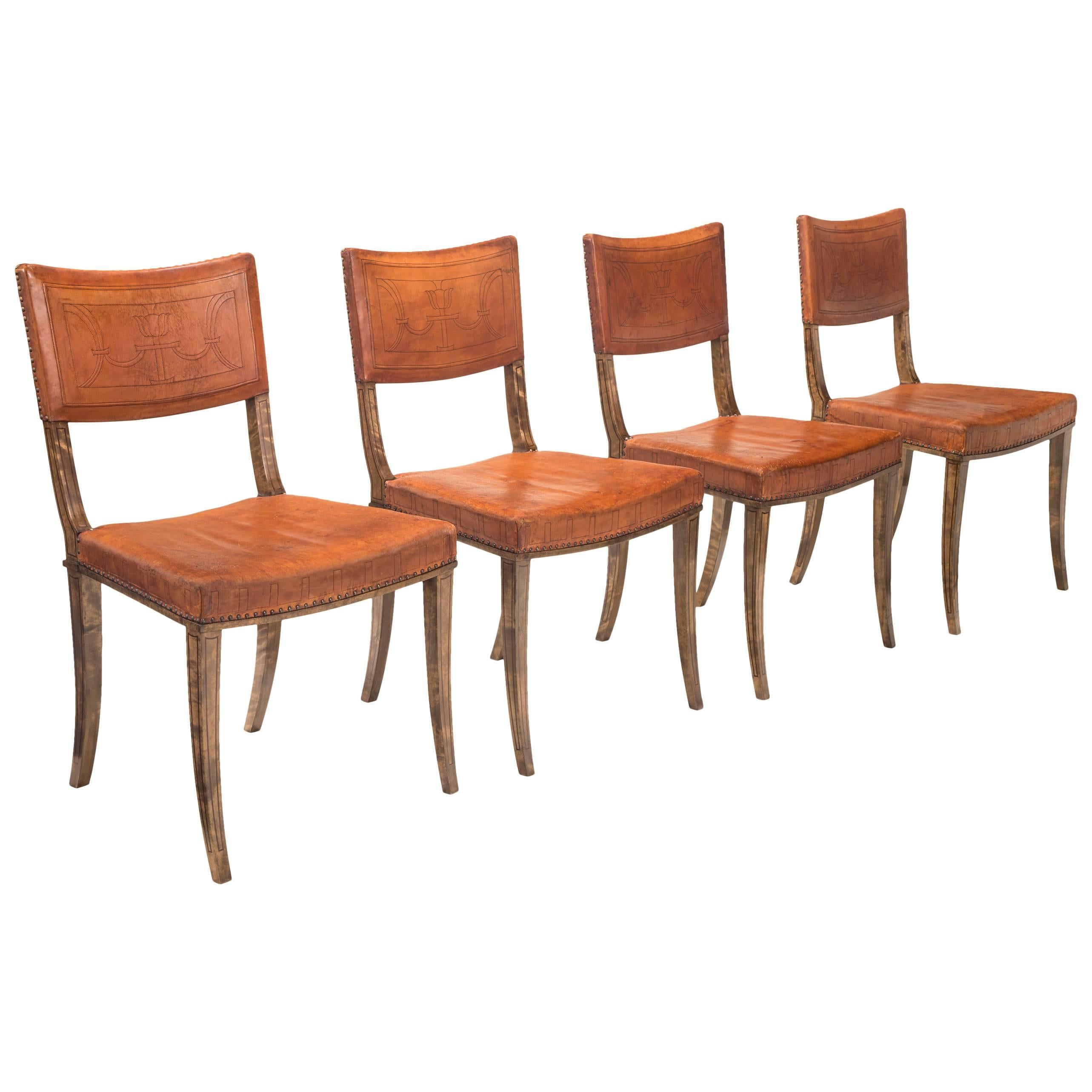 Carl Bergsten Attributed, 4 Swedish Purpleheart Inlaid Birch Chairs