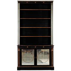 French Neoclassical Ebonised and Gilded Bookcase with Painted Mirror Doors